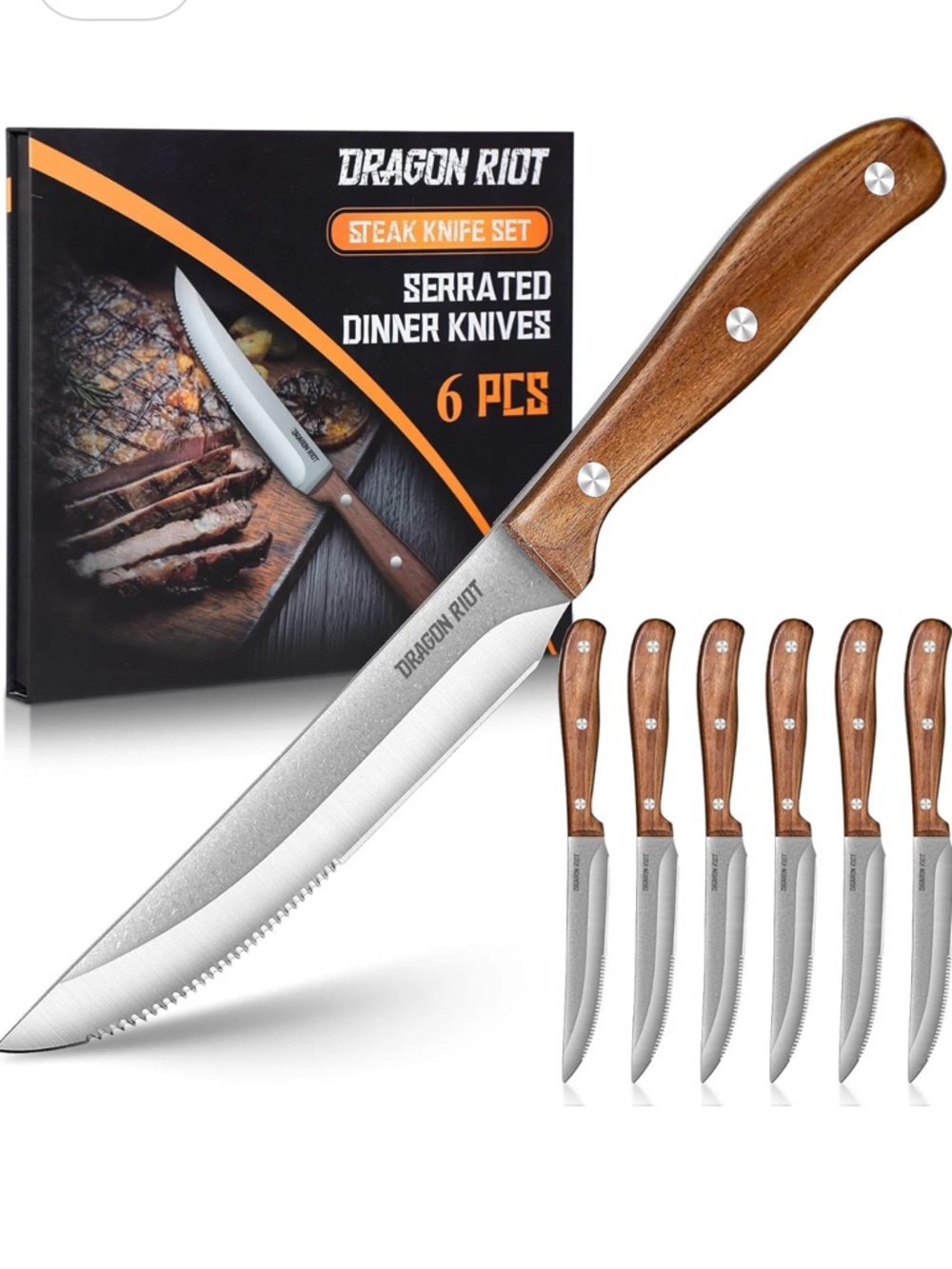 Brown Wood Handle Serrated Steak Knives - 6 Pack